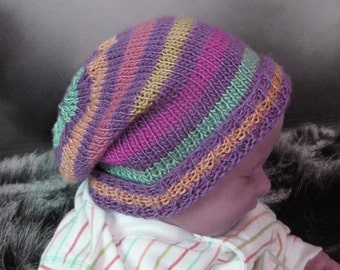 Instant Digital File pdf download Knitting Pattern - Baby Multi Coloured Stripe Slouch hat knitting pattern