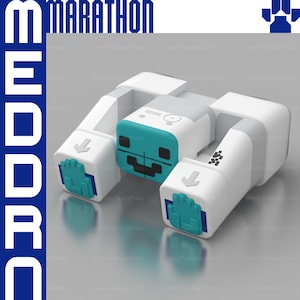 以下が含まれることがあります： 青色の「MARATHON」と「MEDDOR」の文字が入った、白とターコイズ色のロボットデバイス。顔のデザインが施された中央のターコイズ色のブロックと、ターコイズ色の手のグラフィックが入った2つの白いアームがあります。デバイスには「SD35」の文字が入っています。