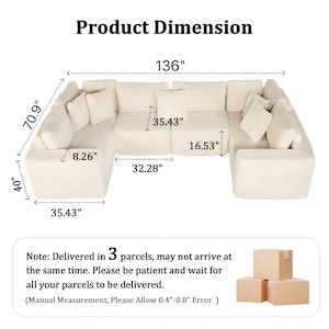 K&ouml;nnte beinhalten: Cremefarbenes Ecksofa mit Ma&szlig;angaben in Zoll. Das Sofa ist 345.4 cm lang, 180.1 cm tief und 101.6 cm hoch. Inklusive mehrerer Wurfkissen. Das Bild zeigt auch die Abmessungen der einzelnen Abschnitte.