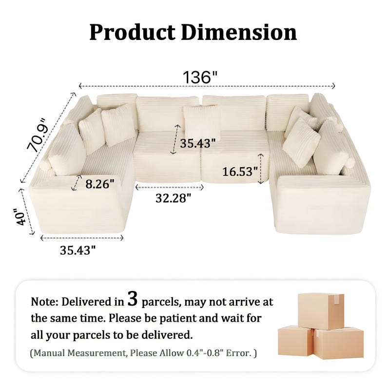 K&ouml;nnte beinhalten: Cremefarbenes Ecksofa mit Ma&szlig;angaben in Zoll. Das Sofa ist 345.4 cm lang, 180.1 cm tief und 101.6 cm hoch. Inklusive mehrerer Wurfkissen. Das Bild zeigt auch die Abmessungen der einzelnen Abschnitte.