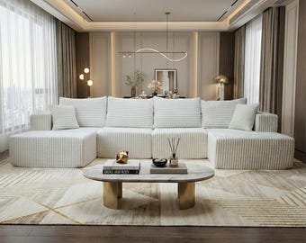 Compressed U Shaped Corduroy Sofa, Family Friendly Floor Seating Set for Minimalist Living Room