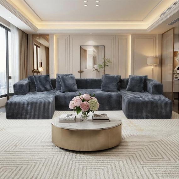 Modern Modular Corduroy Sofa | U Shaped Living Room Couch, Convertible Sofa Bed, Washable Sofa Cover