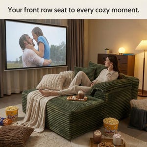 May include: A cozy living room scene with a green corduroy sectional sofa, a large screen displaying a movie, and a woman relaxing. The scene includes popcorn, drinks, and a blanket, with the text "Your front row seat to every cozy moment."