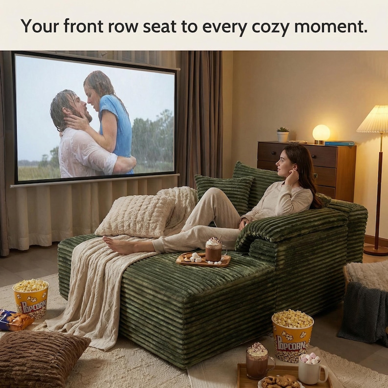 May include: A cozy living room scene with a green corduroy sectional sofa, a large screen displaying a movie, and a woman relaxing. The scene includes popcorn, drinks, and a blanket, with the text "Your front row seat to every cozy moment."
