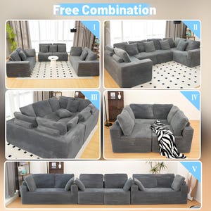 May include: A display of modular gray corduroy sofas in various configurations. The image shows five different arrangements, including a sectional, a loveseat, and a sofa with multiple sections. The text "Free Combination" is at the top.