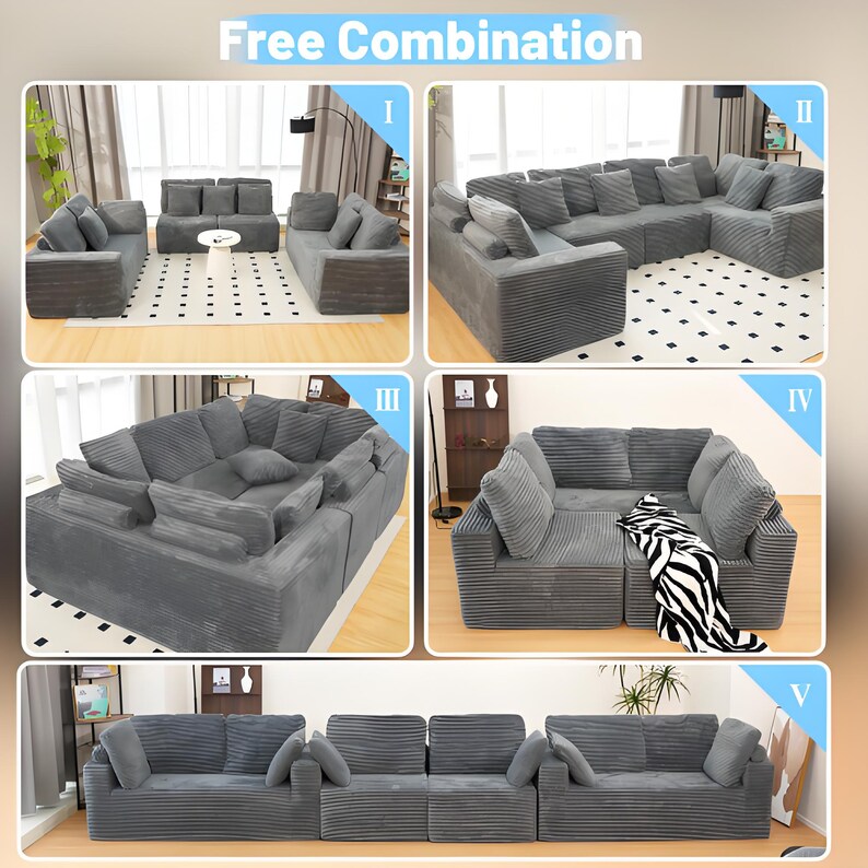 May include: A display of modular gray corduroy sofas in various configurations. The image shows five different arrangements, including a sectional, a loveseat, and a sofa with multiple sections. The text "Free Combination" is at the top.
