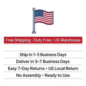 May include: An illustration of the American flag waving on a flagpole. Below the flag, a red banner reads "Free Shipping &bull; Duty Free &bull; US Warehouse." Additional text indicates shipping and return details.