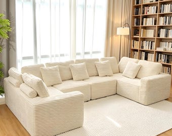 136“ Corduroy U-Shaped Sectional Sofa, 8-Seater Modular Boneless Cloud Couch, No Assembly Deep Seat Convertible Corner Sofa with Chaise