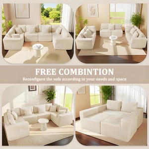 K&ouml;nnte beinhalten: Modulares cremefarbenes Sofaset in verschiedenen Konfigurationen. Das Bild zeigt das Sofa in U-Formen und geraden Linien, mit passenden Kissen und kleinen runden Beistelltischen. Der Text lautet "FREE COMBINTION" und "Reconfigure the sofa according to your needs and space."