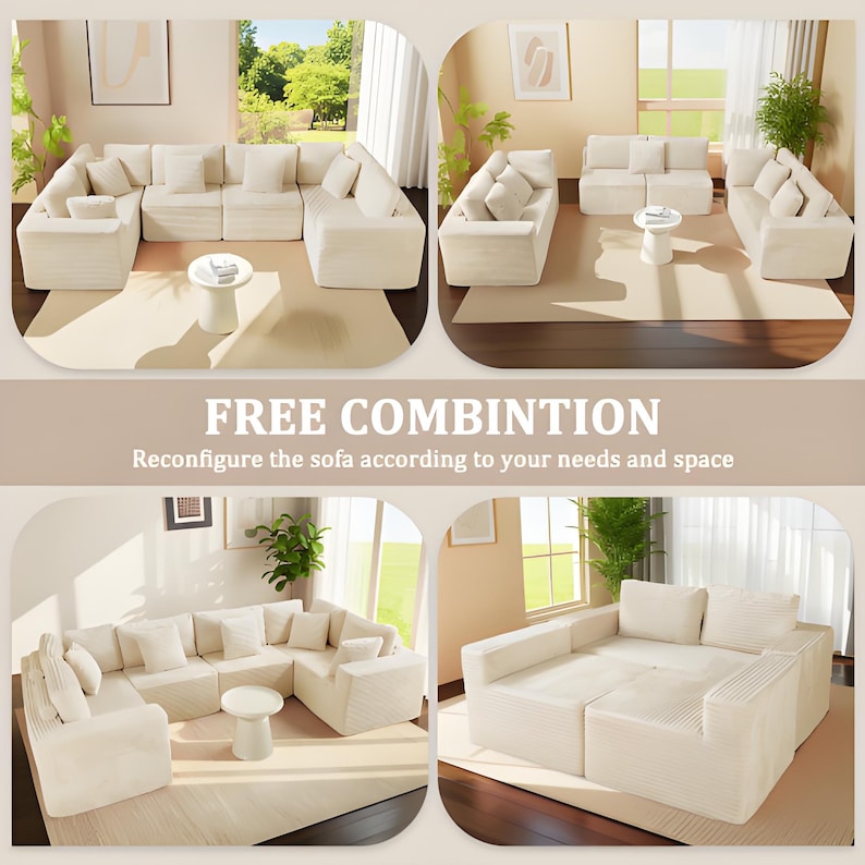 K&ouml;nnte beinhalten: Modulares cremefarbenes Sofaset in verschiedenen Konfigurationen. Das Bild zeigt das Sofa in U-Formen und geraden Linien, mit passenden Kissen und kleinen runden Beistelltischen. Der Text lautet "FREE COMBINTION" und "Reconfigure the sofa according to your needs and space."