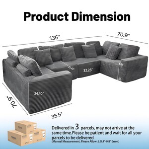 May include: A large, gray sectional sofa with multiple cushions. The dimensions are displayed, with the longest side measuring 136 inches. The text "Product Dimension" is at the top.