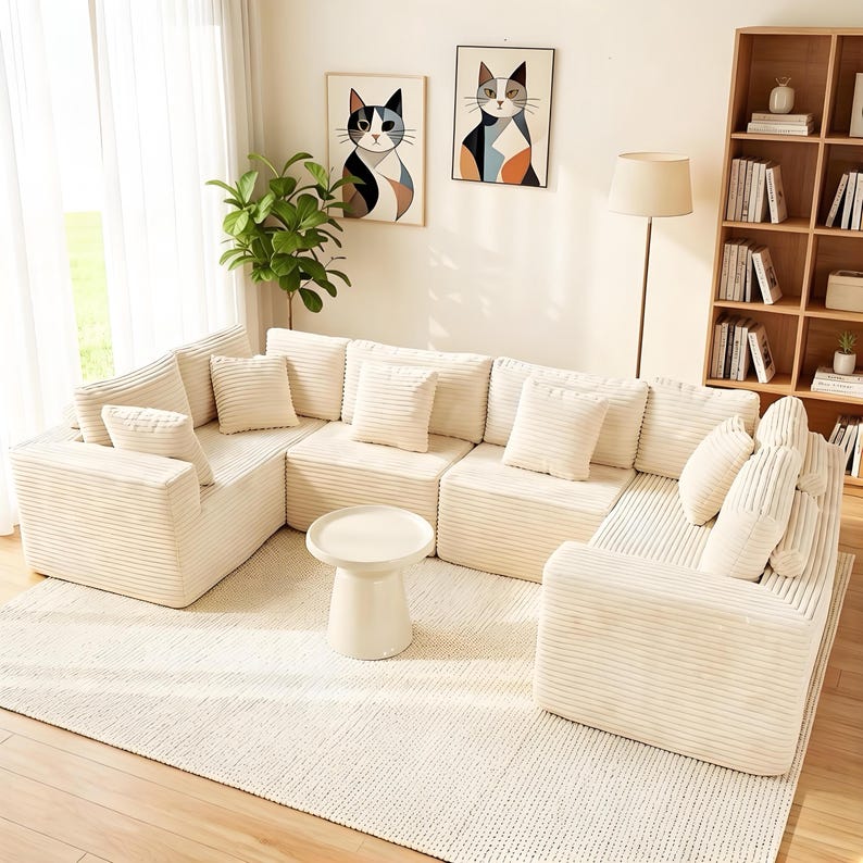 K&ouml;nnte beinhalten: Cremefarbenes modulares Cordsofa mit passenden Kissen. Das Wohnzimmer verf&uuml;gt &uuml;ber einen wei&szlig;en Teppich, einen kleinen Beistelltisch und gerahmte Katzenkunst. Ein B&uuml;cherregal aus Holz und eine Stehlampe sind ebenfalls zu sehen.