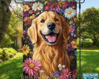 Golden Retriever Garden Flag: Floral Dog Welcome Design (PNG Digital Download)