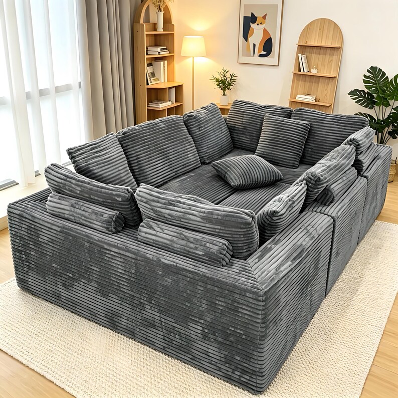 May include: A large, modular gray corduroy sectional sofa with multiple cushions and pillows. The sofa is arranged in a square shape and sits on a cream-colored rug. The corduroy fabric has a ribbed texture.