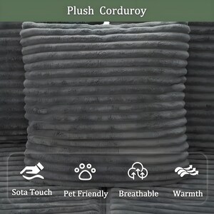 May include: A gray corduroy cushion with a ribbed texture. The text "Plush Corduroy" is at the top. Icons below the cushion indicate features: Sota Touch, Pet Friendly, Breathable, and Warmth.