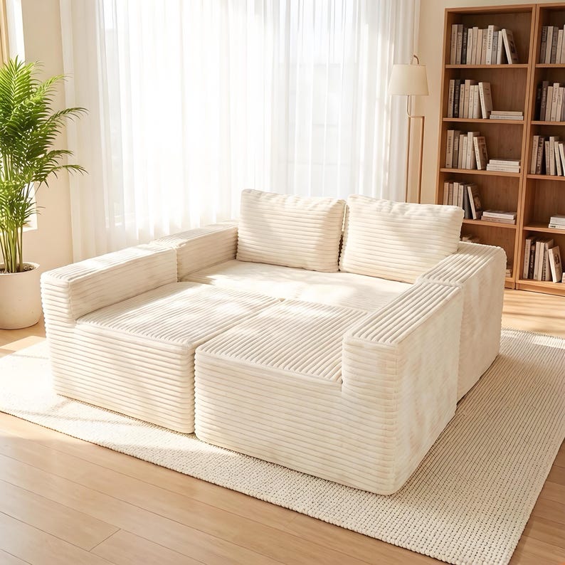 K&ouml;nnte beinhalten: Ein modulares cremefarbenes Cord-Sofa mit zwei quadratischen Wurfkissen. Das Sofa besteht aus mehreren rechteckigen Abschnitten und bietet eine vielseitige Sitzanordnung. Der Raum hat eine neutrale Farbpalette mit einem Teppich, Vorh&auml;ngen und einem B&uuml;cherregal.