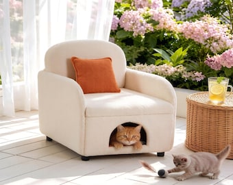 Cream White Sherpa Accent Chair with Cat Cave & Custom Pillow – Pet Friendly 2-in-1 Chair and Cat Bed, Modern Living Room Furniture