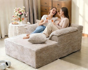Oversized white chaise lounge, Corduroy sofa bed, Cloud-like deep seat, Modern lounge chair for living room&Cozy bedroom chair with backrest