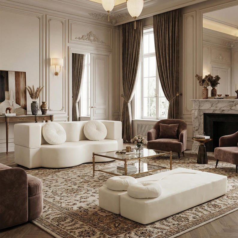 Op de afbeelding: Een luxe woonkamer met een cr&egrave;mekleurige bank, bijpassende poefs en twee bruine fauteuils. De kamer heeft een vloerkleed met patroon, een glazen salontafel en elegante bruine gordijnen. Decoratieve vazen en een open haard dragen bij aan de verfijnde sfeer.