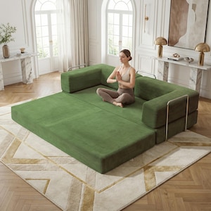 Folding Convertible Sofa Bed, Green Corduroy for Small Spaces Living Room