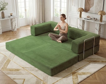 Folding Convertible Sofa Bed, Green Corduroy for Small Spaces Living Room