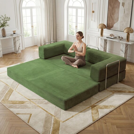 Folding Convertible Sofa Bed, Green Corduroy for Small Spaces Living Room