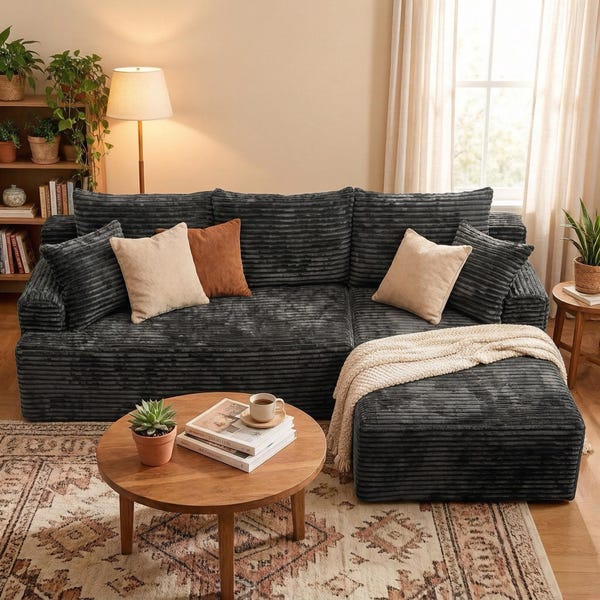 Sofá modular seccional extragrande en forma de L de pana de 95,2" con chaise longue, sofá profundo sin estructura, no requiere montaje.