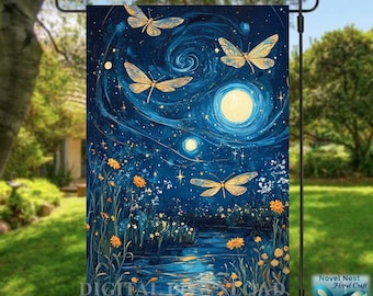 Starry Night Dragonfly Garden Flag: Celestial Summer Decor (PNG Digital Download)