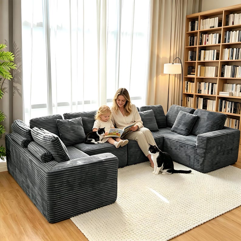 May include: A large, modular gray corduroy sectional sofa with multiple cushions. A woman and a child are seated on the sofa, reading a book. Two black and white cats are also present. The room has a large window and a bookshelf.