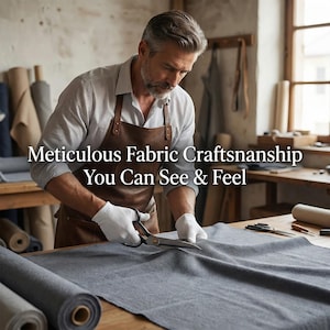 Op de afbeelding: Een ambachtsman met een bruine leren schort en witte handschoenen snijdt grijze stof met een grote schaar. De tekst "Meticulous Fabric Craftsmanship You Can See & Feel" wordt weergegeven. Rollen stof zijn zichtbaar op de achtergrond.