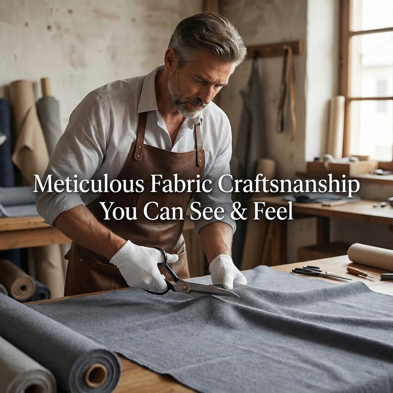 Op de afbeelding: Een ambachtsman met een bruine leren schort en witte handschoenen snijdt grijze stof met een grote schaar. De tekst "Meticulous Fabric Craftsmanship You Can See & Feel" wordt weergegeven. Rollen stof zijn zichtbaar op de achtergrond.