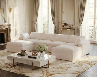 Cozy Beige Teddy Fleece Modular Sectional Sofa,  Luxury Cloud-Like Deep Seat Couch, Convertible U & L Shaped Floor Sofa for Living Room