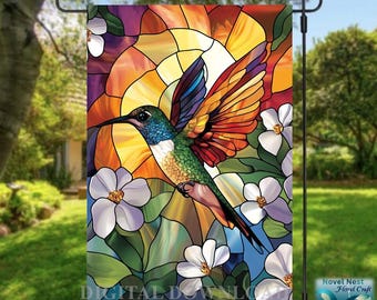 Stained Glass Hummingbird Garden Flag: Floral Sublimation PNG (Digital Download)