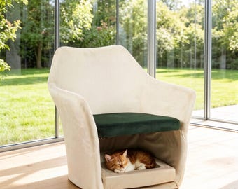 2-in-1 huisdiervriendelijke crèmewitte fluwelen accentstoel met kattengrot en aangepaste kussensloop, moderne woonkamermeubels uit het midden van de eeuw