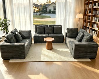 Dark Grey Corduroy U-Shaped Sectional Sofa, 8-Seater Modular Boneless Cloud Couch, Deep Seat Convertible Corner Sofa with Chaise