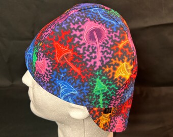 Funky Mushrooms Neon Swirls (Large) High-Quality, Reversible, Washable Cotton Welding Cap or Skull Cap, Made in Nebraska