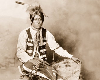 Ute Bridegroom, Professionally Restored Large Photograph of Vintage Native American Indian Warrior Bridegroom in Traditional Clothing