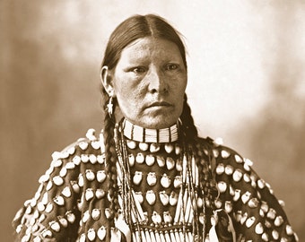 Hannah Little Bird, Restored Vintage Photograph of Native American Indian Arapaho Woman Wearing Beautiful Ceremonial Shell Clothes