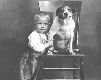 Restored Vintage, Touching Photograph of Cute Boy Holding a Harrier Dog, Early 1900s, Digital Download