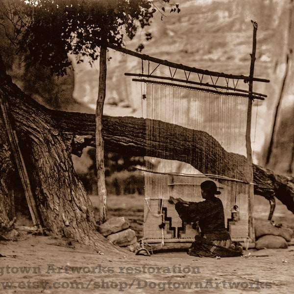 Navajo Blanket Weaver, Restored Vintage Photograph of Navajo Woman Weaving Blanket in Canyon de Chelly