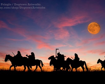 Raid by Moonlight, Original Photo Illustration of Plains Indians on a Raid by Moonlight on Horseback Riding Horses