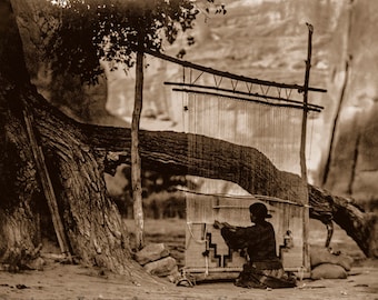 Navajo Blanket Weaver, Restored Vintage Photograph of Navajo Woman Weaving Blanket in Canyon de Chelly