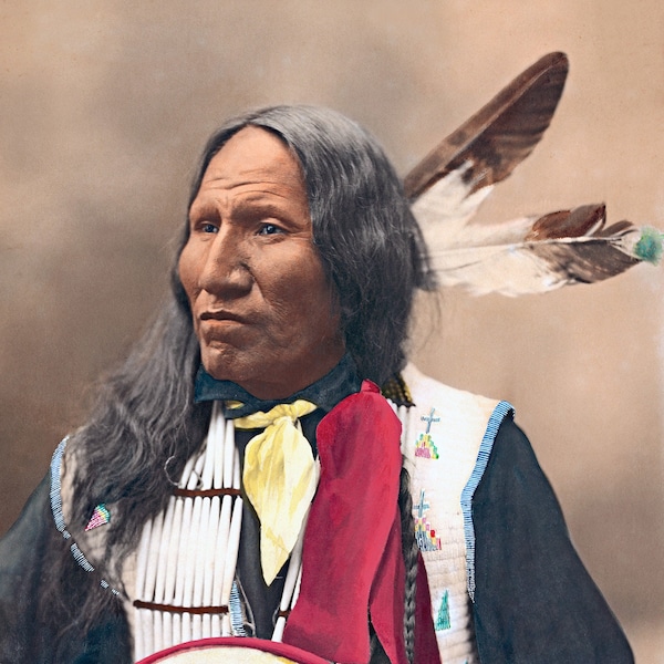 Strikes with Nose, Professionally Restored Photograph of Vintage Native American Indian Hand Colored of Oglala Sioux Chief with Drum