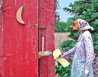 Outhouse, funny large original photograph features two Boxer dogs wearing vintage clothes in front of outhouse. Fun bathroom art!