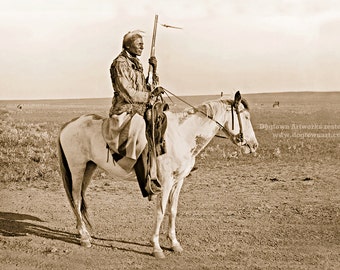 Watching and Waiting, Professionally Restored Large Photograph of Vintage Native American Assiniboine Warrior with Winchester Rifle