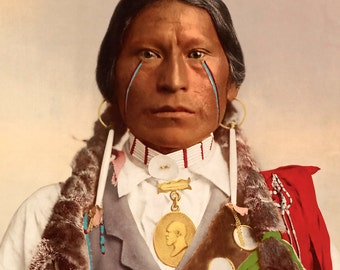 Native American Indian with Garfield Medal, Professionally Restored Vintage Hand-Colored Photograph of Vintage Chief Warrior