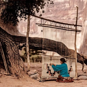 Navajo Blanket Weaver, Restored Vintage Photograph of Native American Woman Weaving Blanket