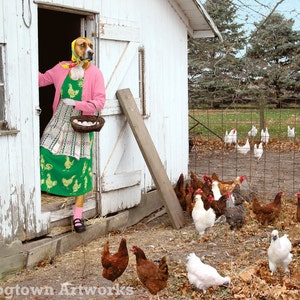 Farm Fresh Eggs, large original photograph of Boxer dog wearing batik gathers eggs with chickens watching from the henhouse