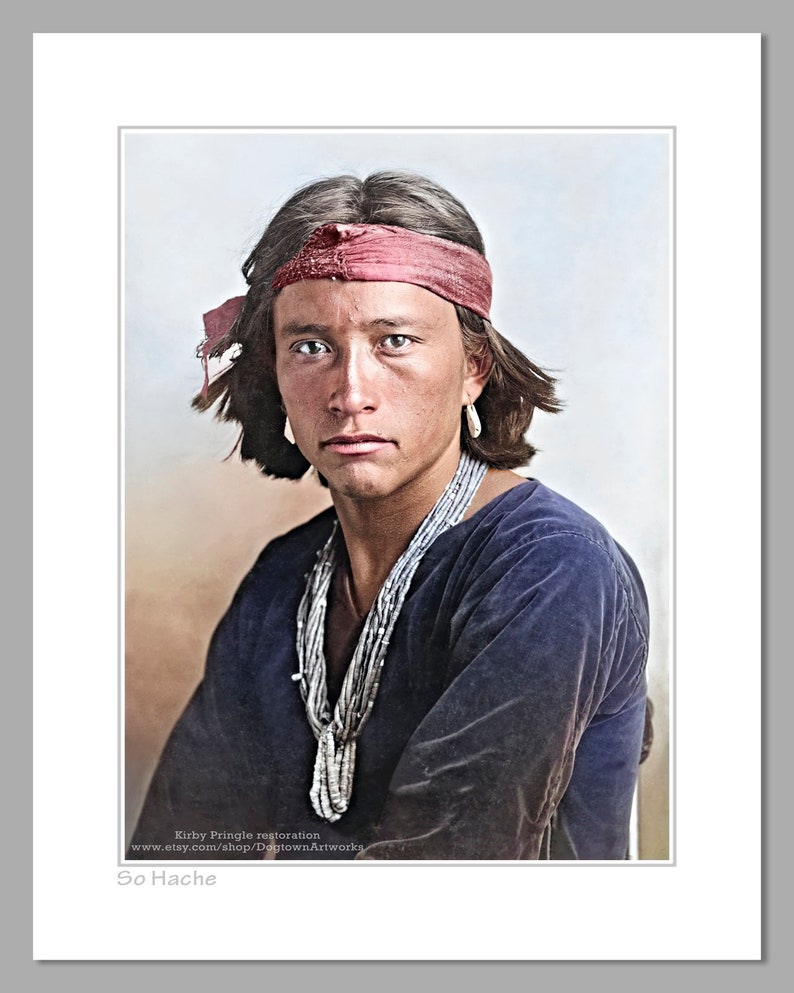 So Hache, Professionally Restored Photograph of Vintage Native American Young Handsome Navajo Tribe Indian Warrior by Karl E. Moon Color version