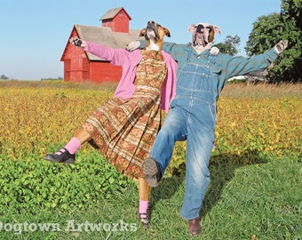 Dancing Dogs are Happy Dogs, grande photo originale amusante de deux chiens Boxer portant des vêtements vintage et dansant